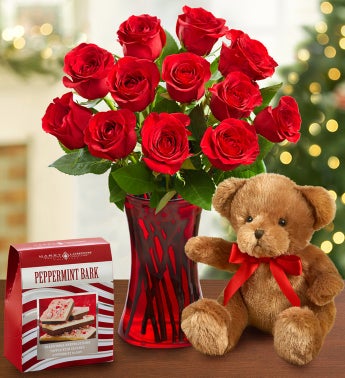 Festive Red Roses & Bear + Free Peppermint Bark