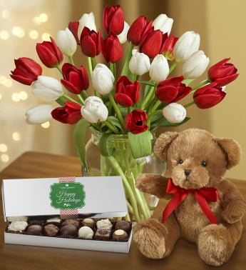 30 Holly Jolly Tulips + Free Vase & Chocolate