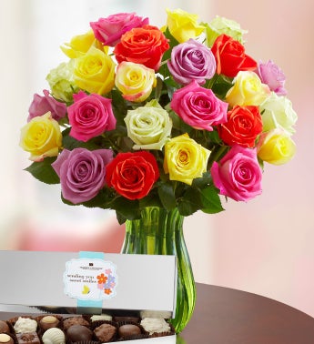 Assorted Roses with Chocolate, 12-24 Stems