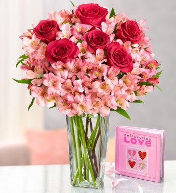 True Love Rose and Peruvian Lily Bouquet with Book