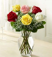 six roses arranged in a glass vase