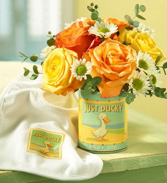 arrangement in keepsake tin with baby bib gift set