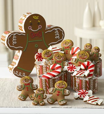 iced cookies in gingerbread man-shaped box