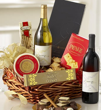 gourmet snacks and premium wines in wicker basket