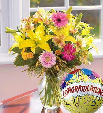 mixed vase arrangement with congratulations mylar